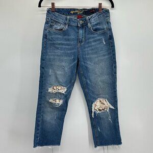 Arizona Boyfriend Mid-Rise Distressed Gold Sequins Cropped Capri Jeans Size 3